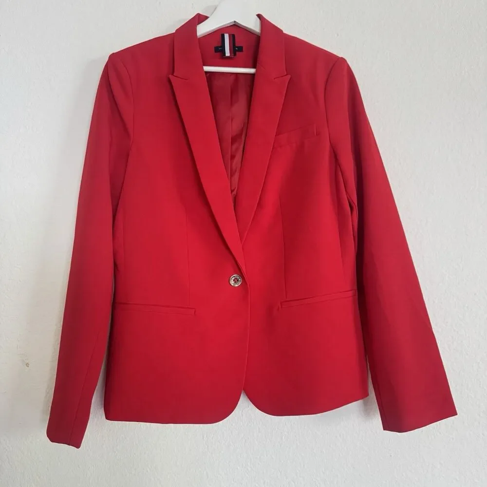 Tommy Hilfiger Women’s Red Coral Blazer Business Jacket One Button Sz 14